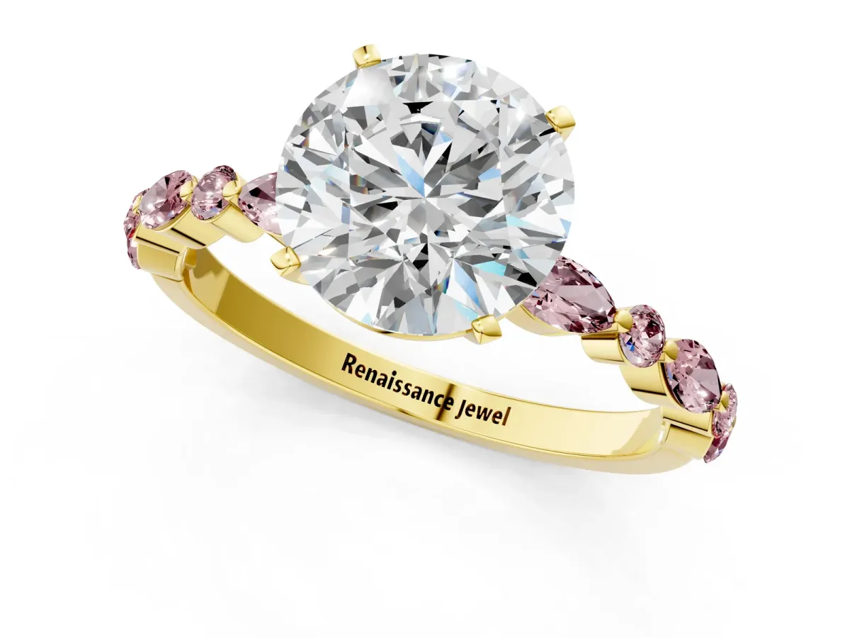 Round Cut Diamond Ring with Marquise and Round Morganite Side Stones and Four-Prong Setting Yellow gold