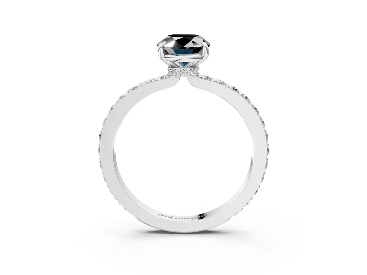 Fancy Black Oval Cut Diamond Solitaire Engagement Ring with Pavé Band and Four-Prong Setting Silver