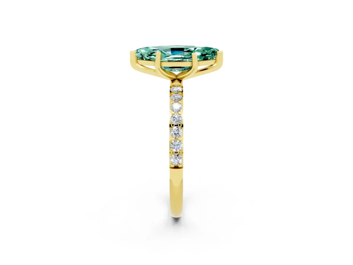 Marquise Cut Green Sapphire Solitaire Ring with Round Pavé Band and Prong Setting Yellow gold