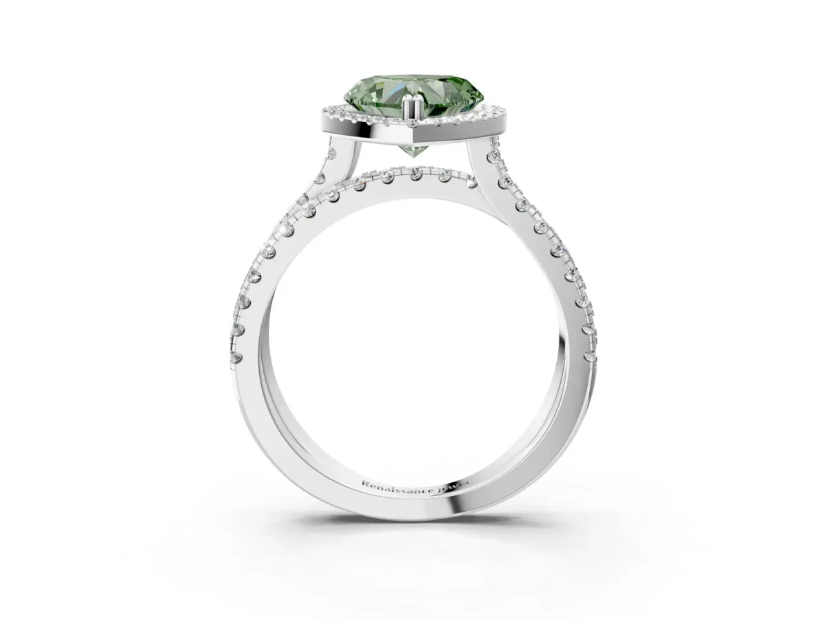 Fancy Green Heart Cut Halo Split Shank Diamond Ring with Pavé Setting Platinum