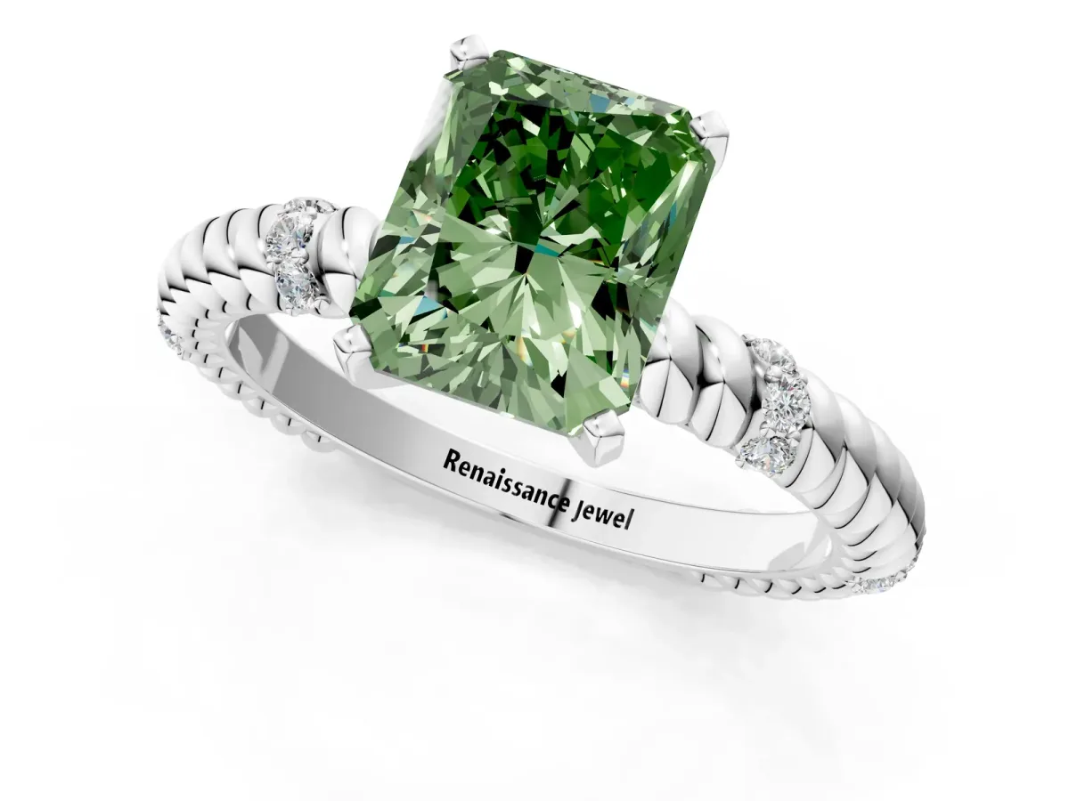 Fancy Green Radiant Cut Solitaire Twisted Band Prong Set Engagement Ring Platinum