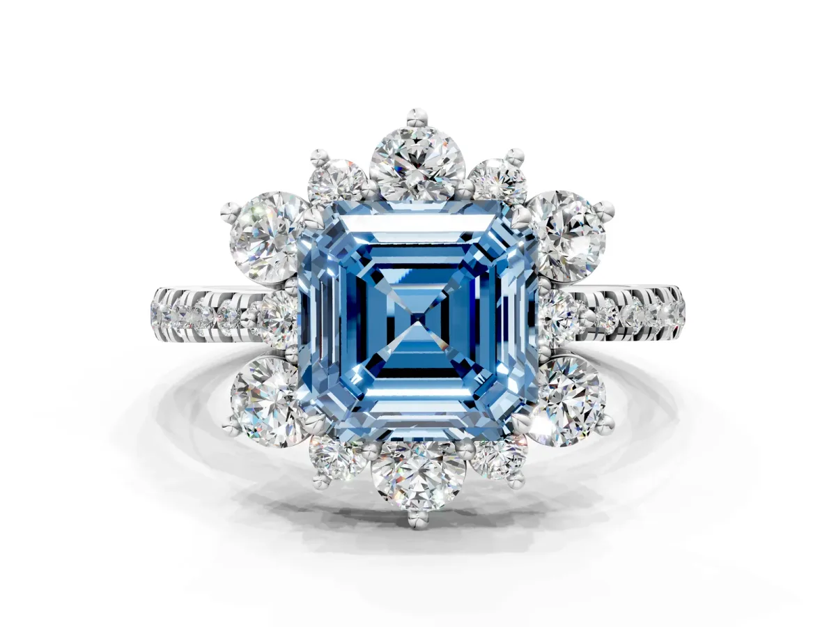 Fancy Blue Asscher Cut Diamond Floral Halo Ring with Round Pavé Band and Prong Setting Platinum