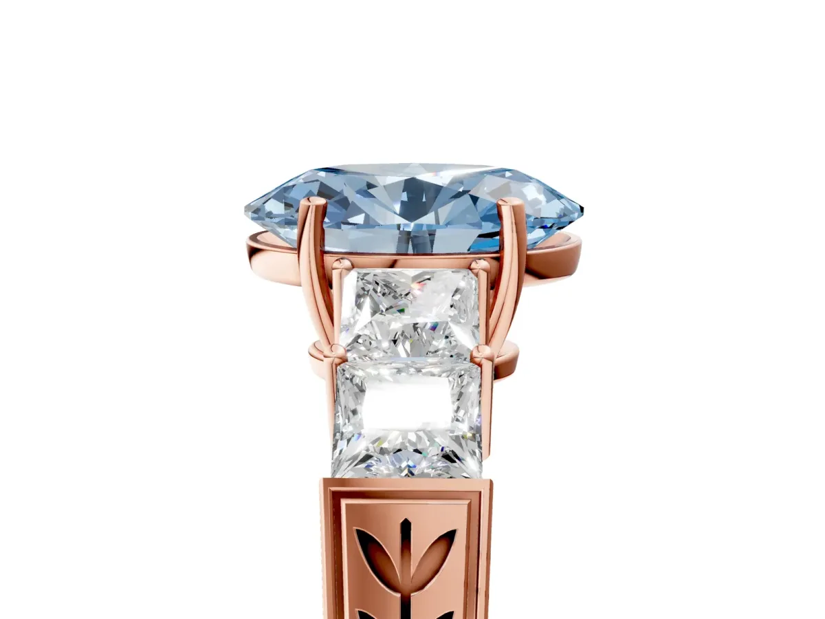 Fancy Blue Oval Cut Solitaire Princess Side Stone Engraved Band Prong Setting Ring Rose gold