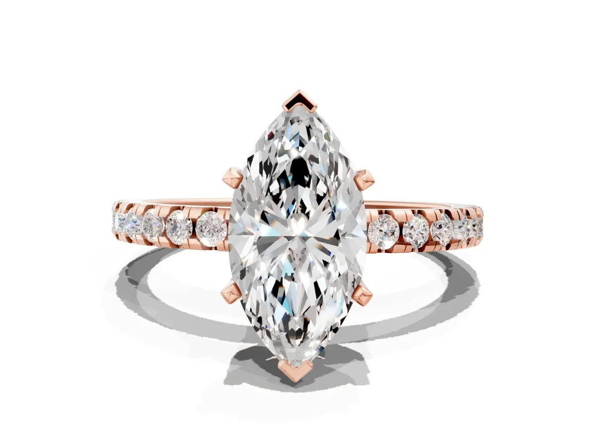 Marquise Cut Diamond Solitaire Ring with Round Moissanite Pavé Band and Four-Prong Setting Rose gold