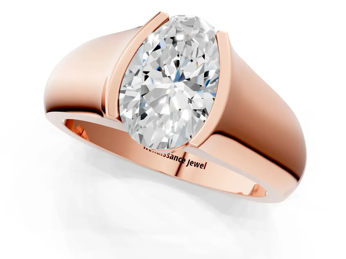 Oval Cut Solitaire Bezel Set Diamond Ring with Wide Band Rose gold