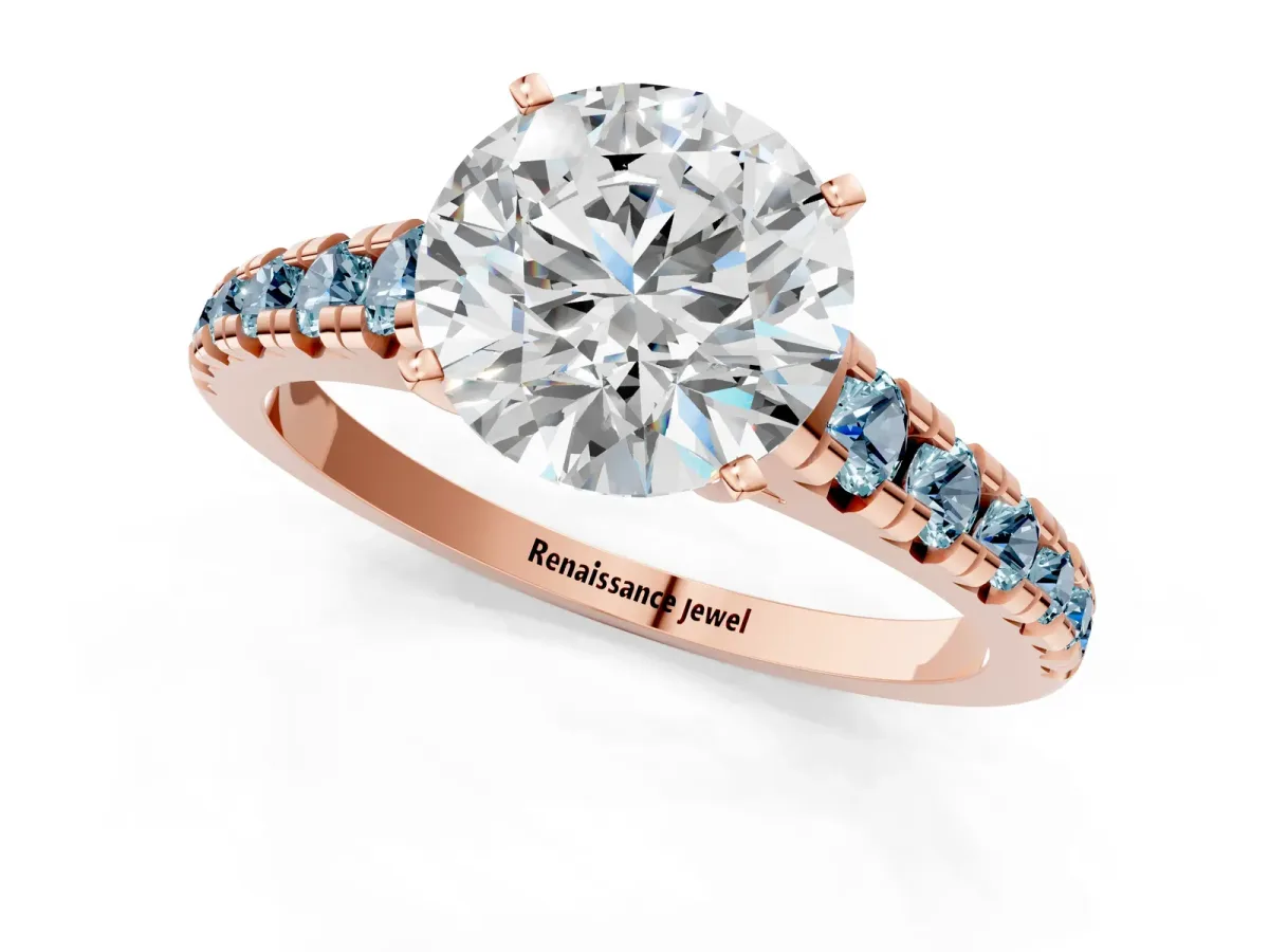 Round Cut Diamond Cathedral Solitaire Ring with Round Aquamarine Pavé Band Rose gold