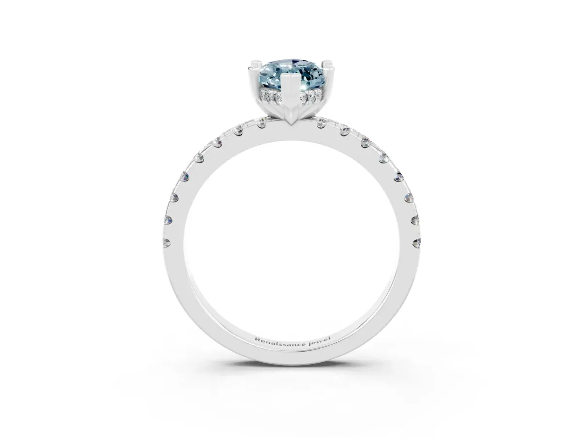 Marquise Cut Aquamarine Solitaire Ring with Round Pavé Band and Four-Prong Setting White gold