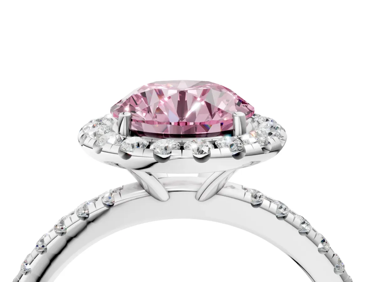 Fancy Pink Round Cut Diamond Halo Ring with Round Pavé Band and Prong Setting Platinum