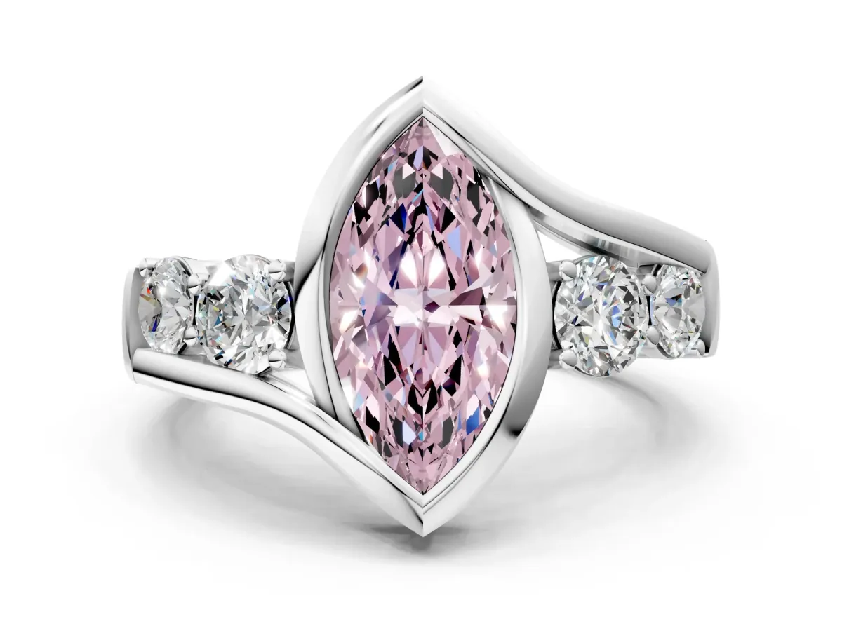 Fancy Pink Bezel Set Marquise Cut Diamond Bypass Ring with Round Accents Platinum