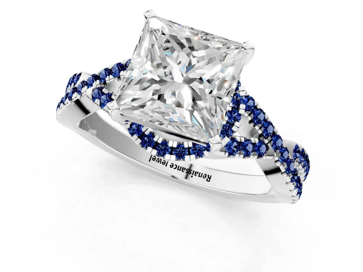 Princess Cut Diamond Blue Sapphire Halo Twist Band Solitaire Prong Setting Ring White gold