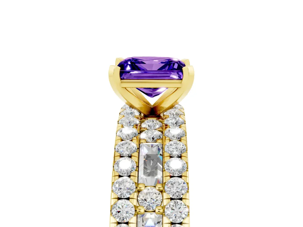 Princess Cut Tanzanite Solitaire Ring with Pavé and Channel Set Band Yellow gold