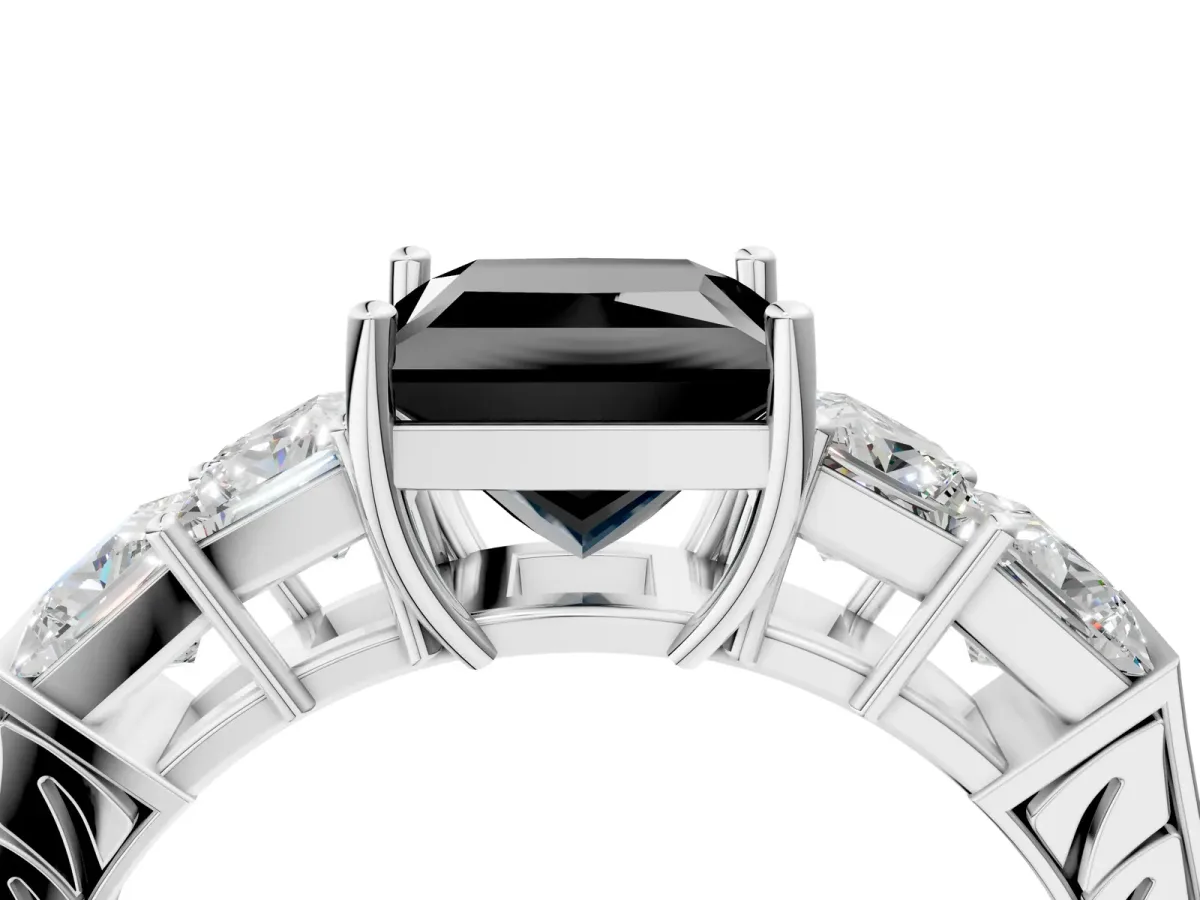 Fancy Black Princess Cut Solitaire Princess Side Stone Engraved Band Prong Setting Ring Platinum