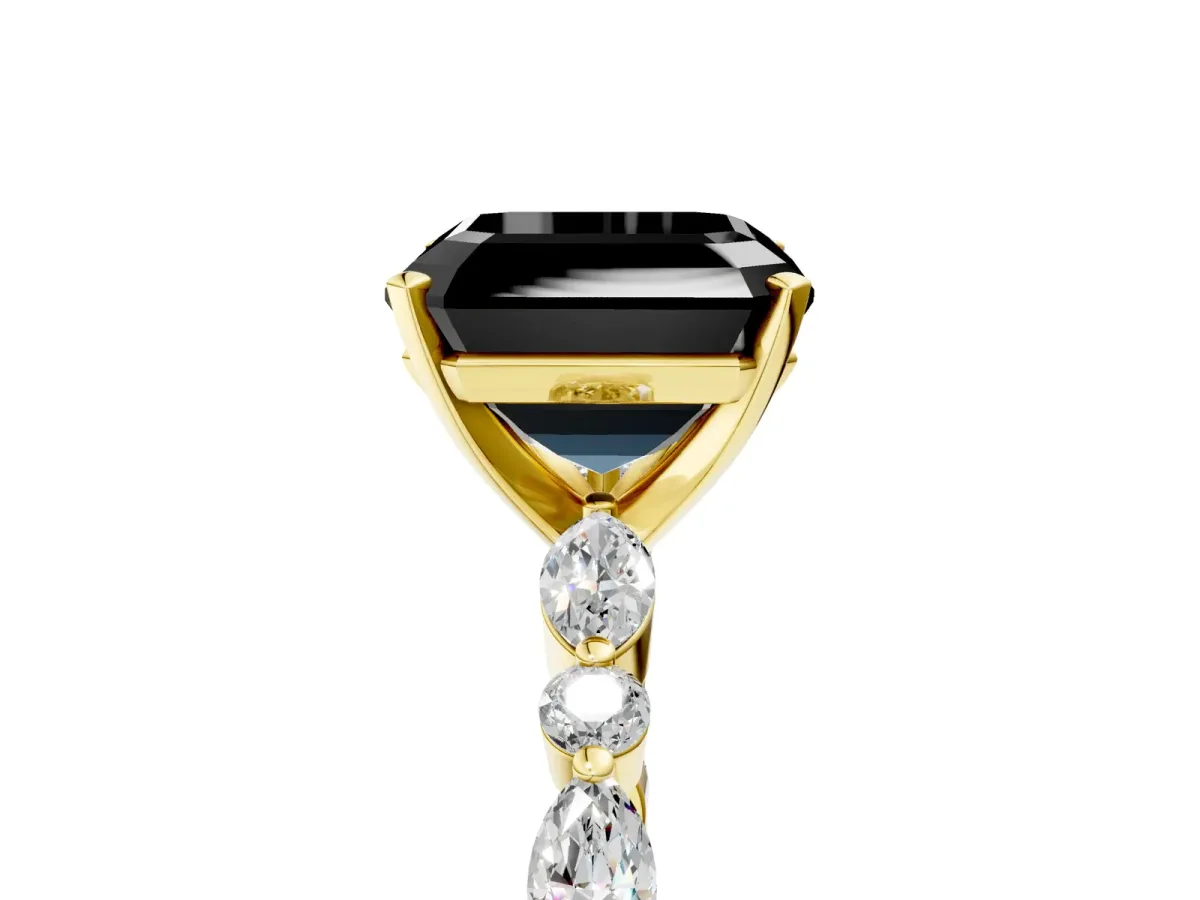 Fancy Black Asscher Cut Diamond Ring with Marquise and Round Side Stones and Four-Prong Setting Yellow gold
