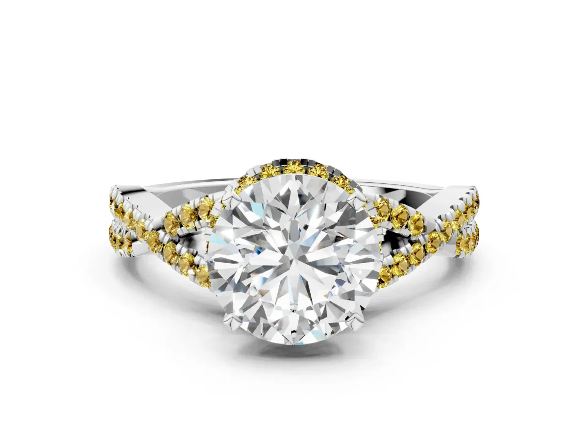 Round Cut Diamond Yellow Sapphire Halo Twist Band Solitaire Prong Setting Ring White gold