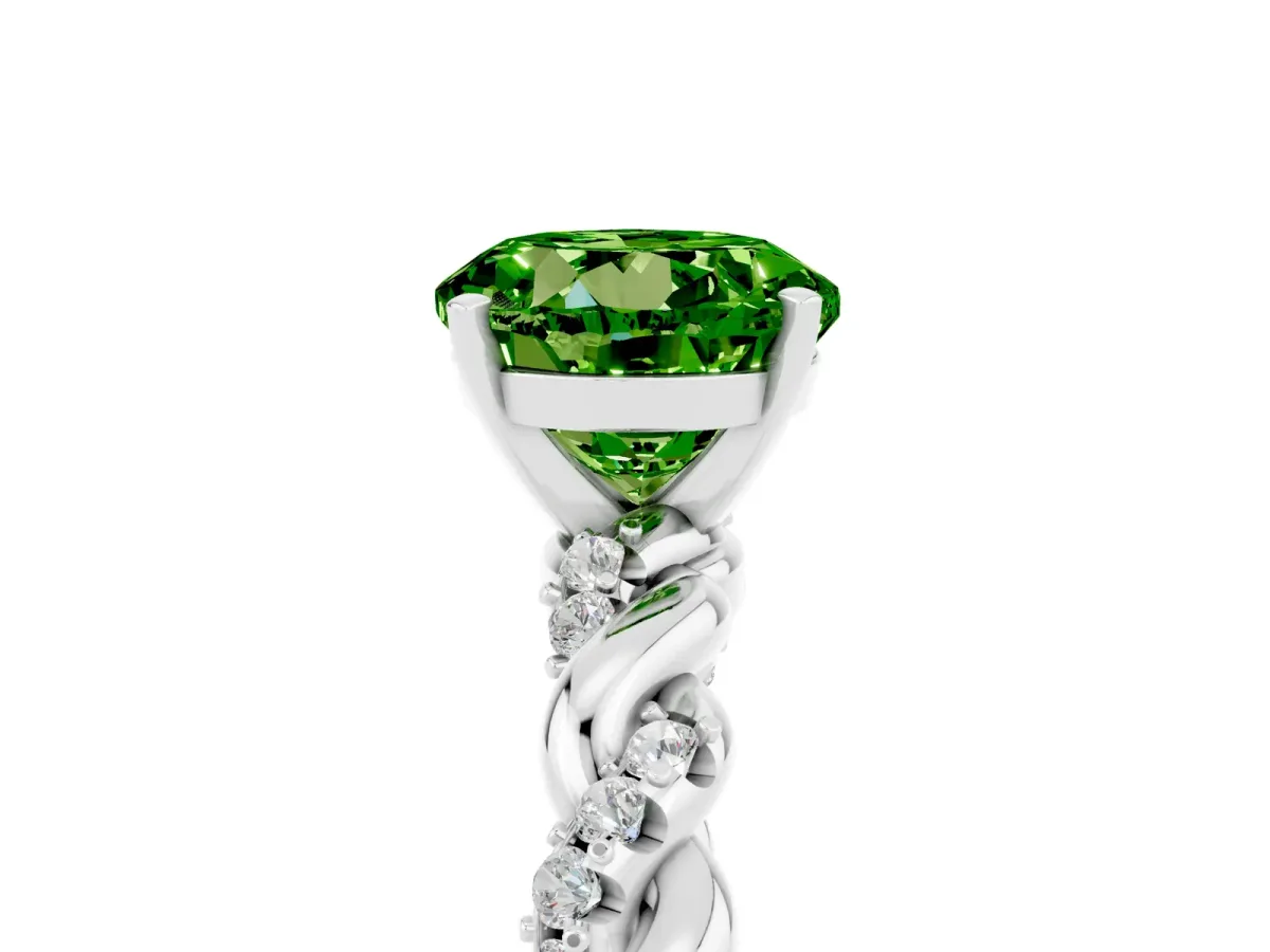 Round Cut Peridot Solitaire Ring with Twisted Band and Pavé Accents Silver