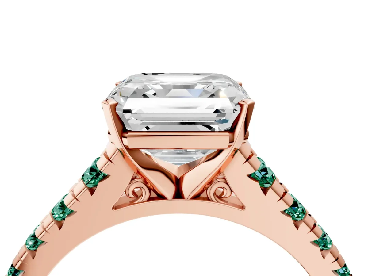 Asscher Cut Diamond Cathedral Solitaire Ring with Round Green Sapphire Pavé Band Rose gold