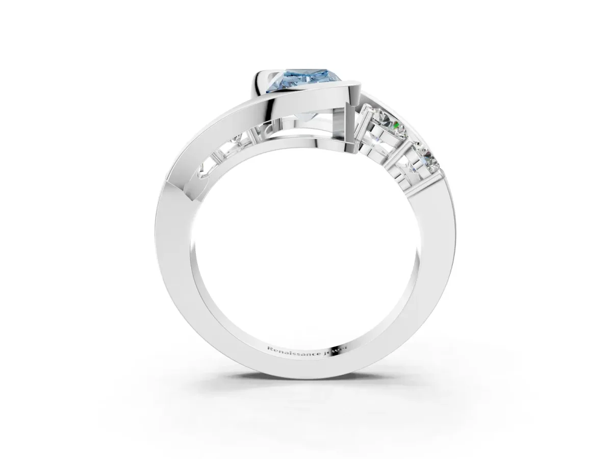 Fancy Blue Bezel Set Radiant Cut Diamond Bypass Ring with Round Accents Platinum