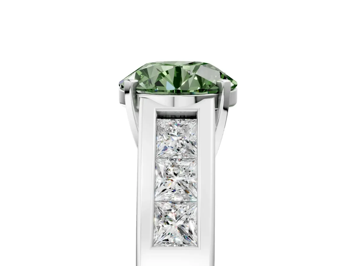 Fancy Green Round Cut Cut Channel Set Solitaire Ring with Four-Prong Setting White gold