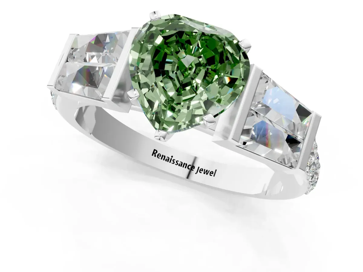 Fancy Green Heart Cut Diamond Engagement Ring with Baguette Side Stones and Channel Set Band Platinum