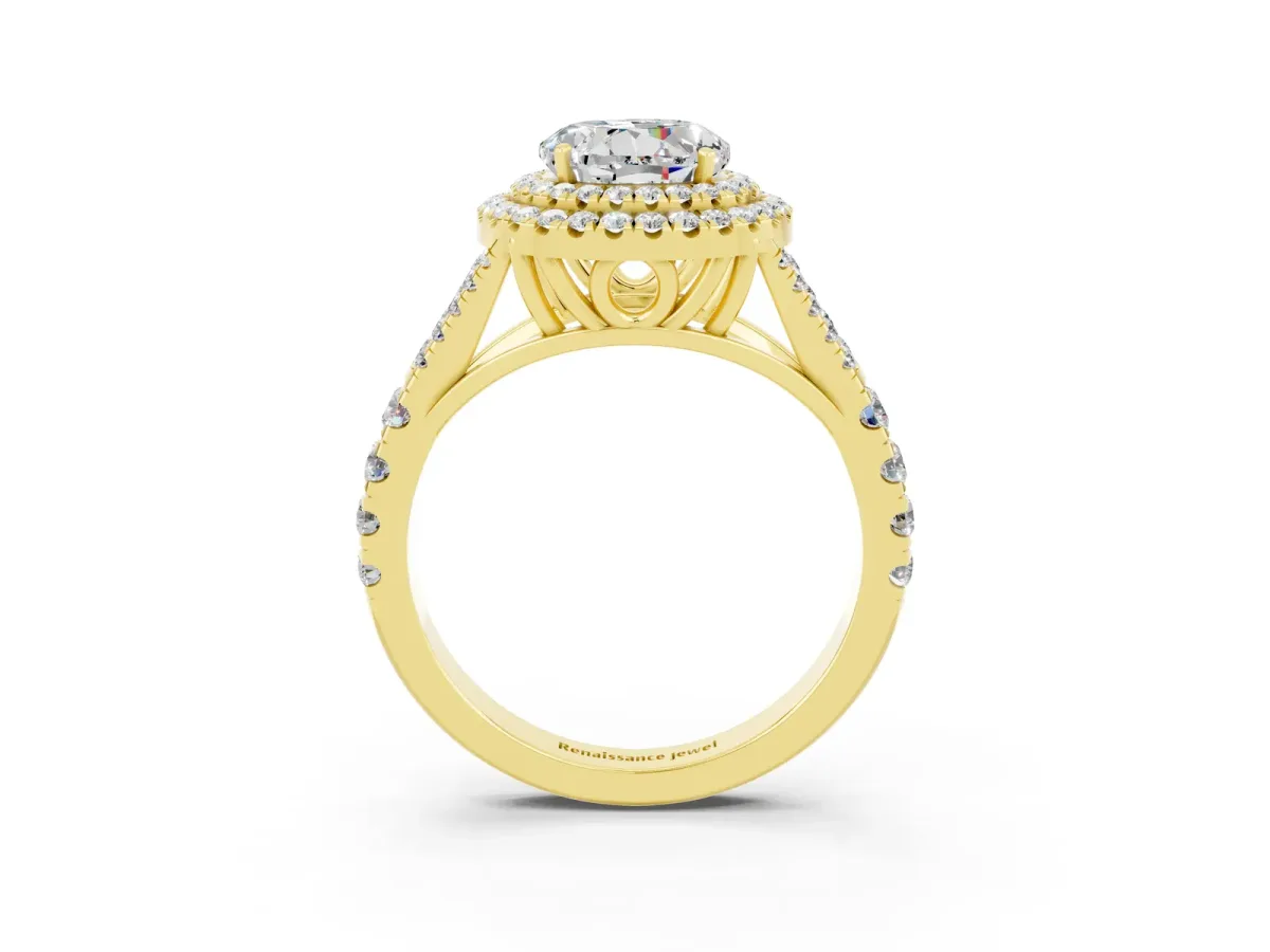 Round Cut Moissanite Double Halo Ring with Split Shank and Prong Setting Yellow gold