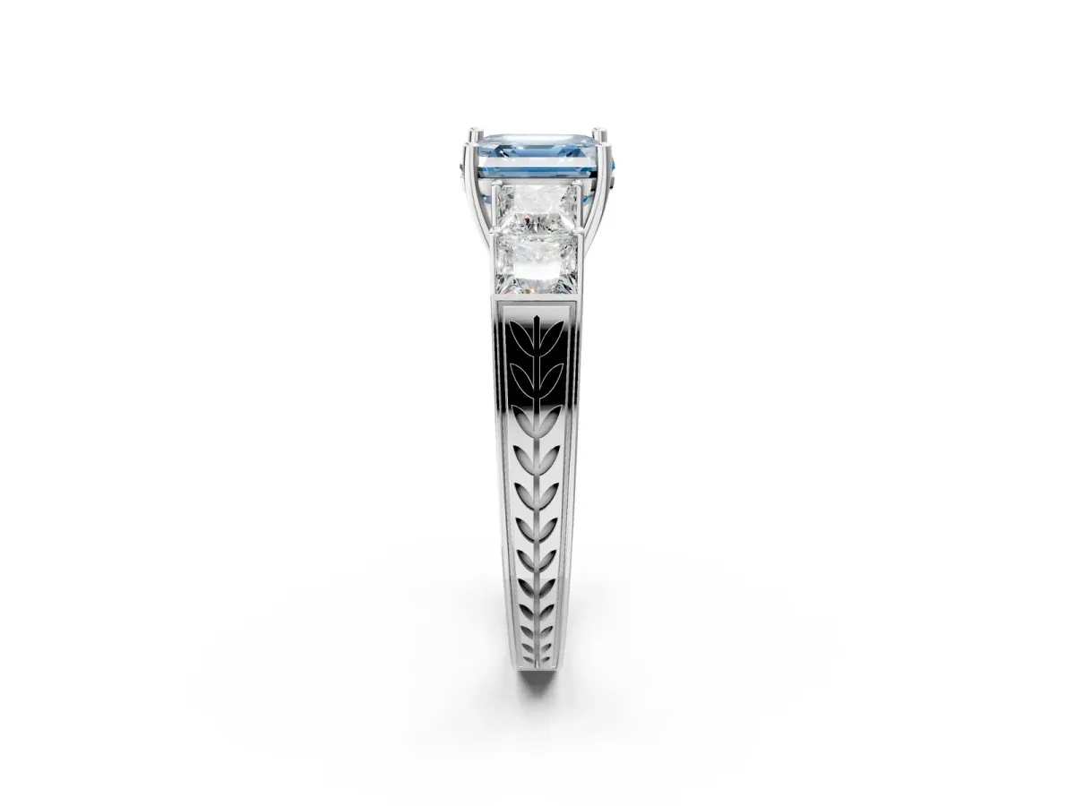 Fancy Blue Asscher Cut Solitaire Princess Side Stone Engraved Band Prong Setting Ring Silver