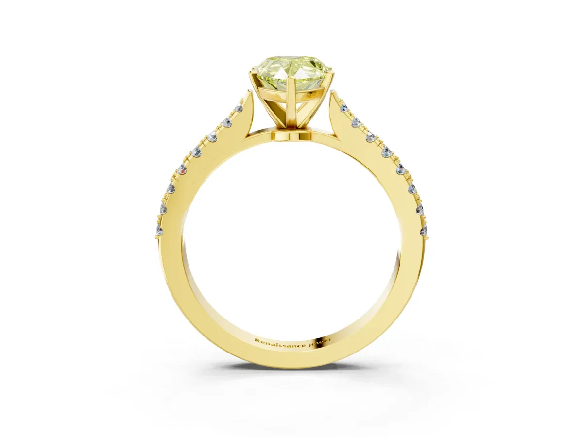 Fancy Yellow Pear Cut Cut Solitaire Diamond Engagement Ring with Pave Band and Four-Prong Setting Yellow gold