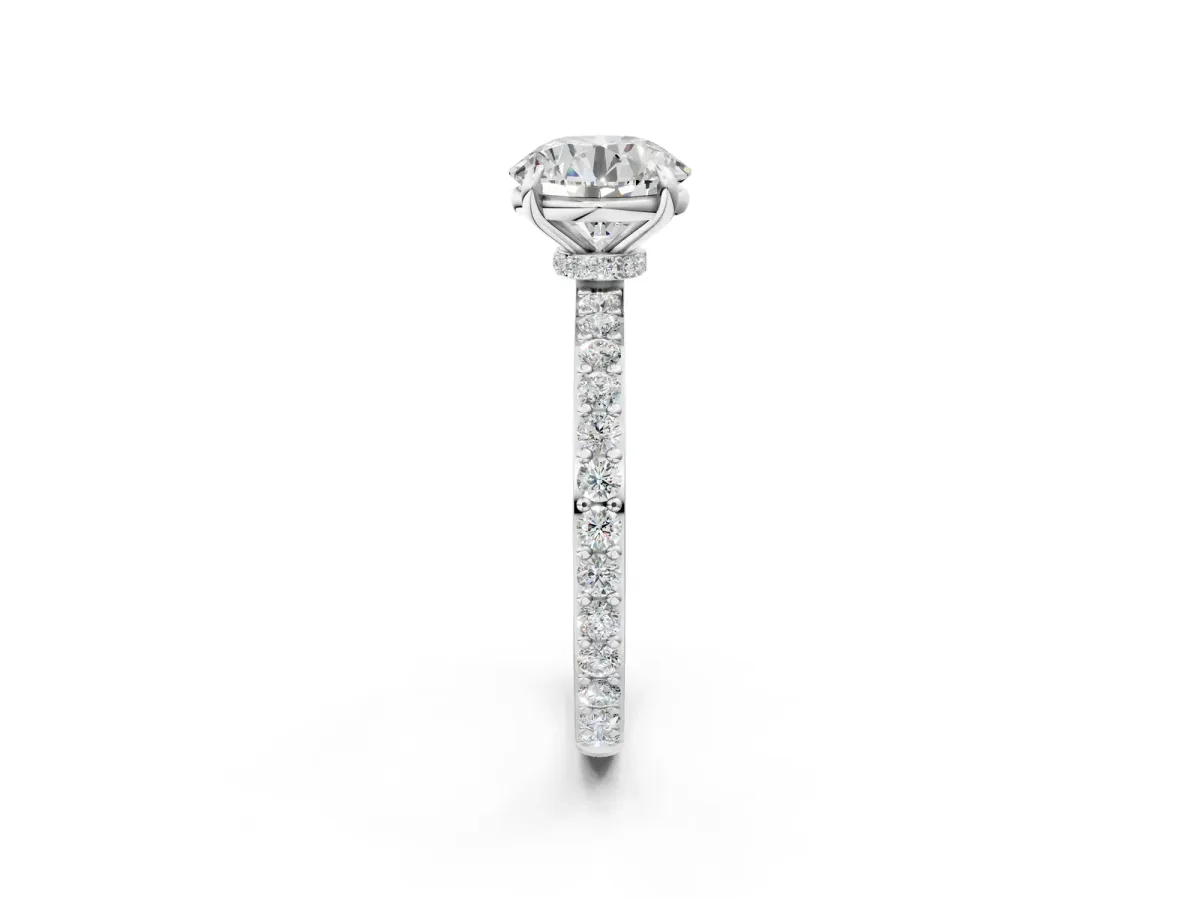 Round Cut Diamond Pavé Engagement Ring with Round Tanzanite Accents and Prong Setting White gold