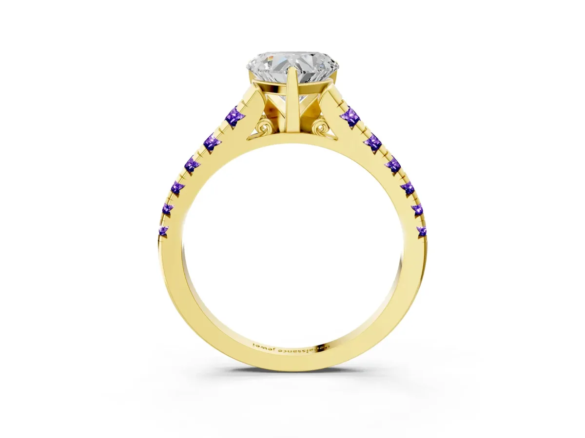 Heart Cut Diamond Cathedral Solitaire Ring with Round Tanzanite Pavé Band Yellow gold