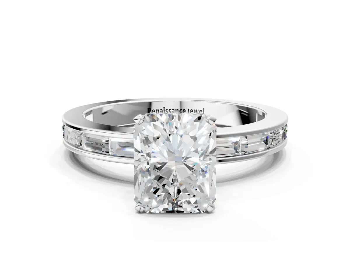 Radiant Cut Solitaire Diamond Ring with Channel-Set Baguette Band and Four-Prong Setting White gold