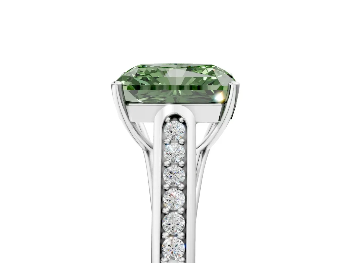 Fancy Green Radiant Cut Solitaire Cathedral Diamond Engagement Ring with Channel-Set Band and Four-Prong Setting Platinum