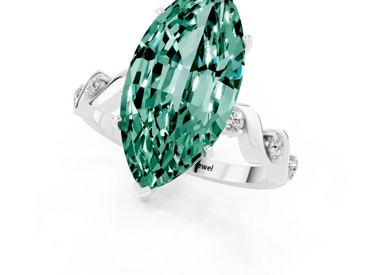 Marquise Cut Green Sapphire Solitaire Twisted Band with Round Accents and Prong Setting Platinum