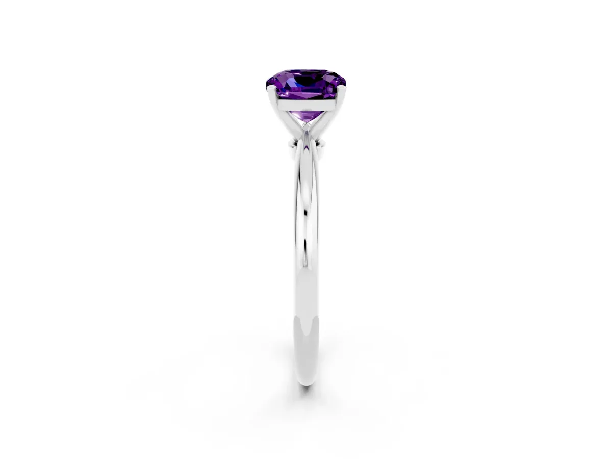 Cushion Cut Amethyst Solitaire Ring with Six-Prong Setting and Classic Band Platinum