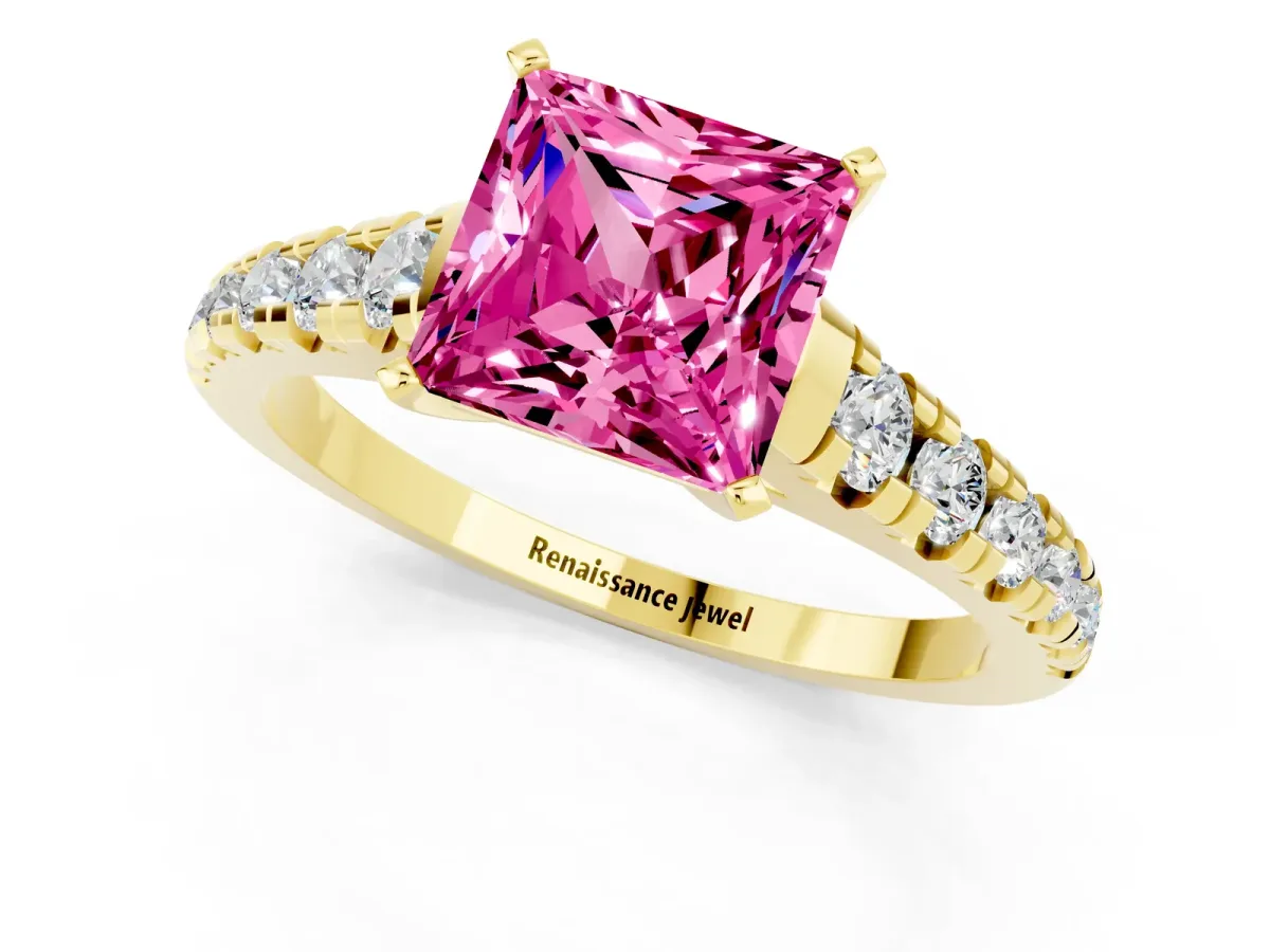 Princess Cut Pink Sapphire Cathedral Solitaire Ring with Round Pavé Band Yellow gold