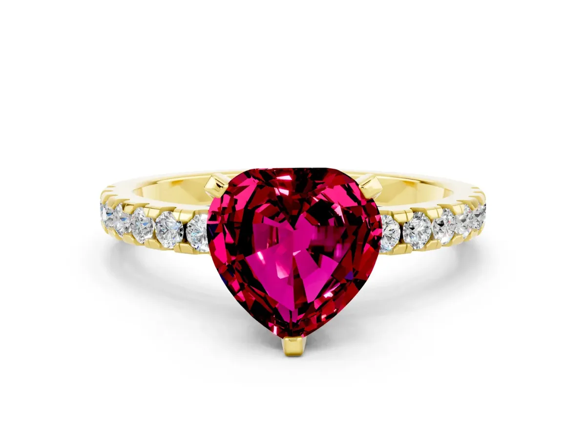 Heart Cut Garnet Solitaire Ring with Round Pavé Band and Four-Prong Setting Yellow gold