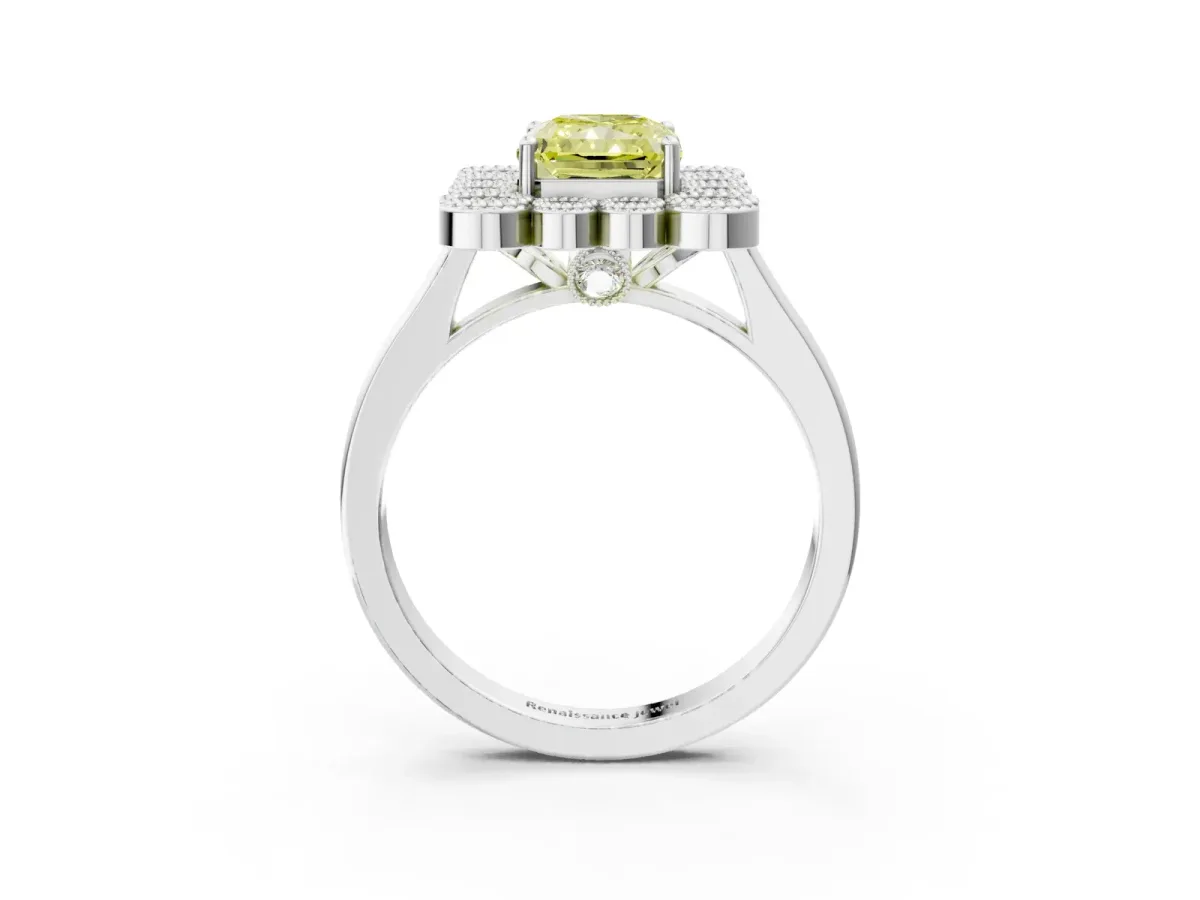 Fancy Yellow Radiant Cut Halo Diamond Cluster Engagement Ring with Milgrain Bezel Setting and Solitaire Band Platinum