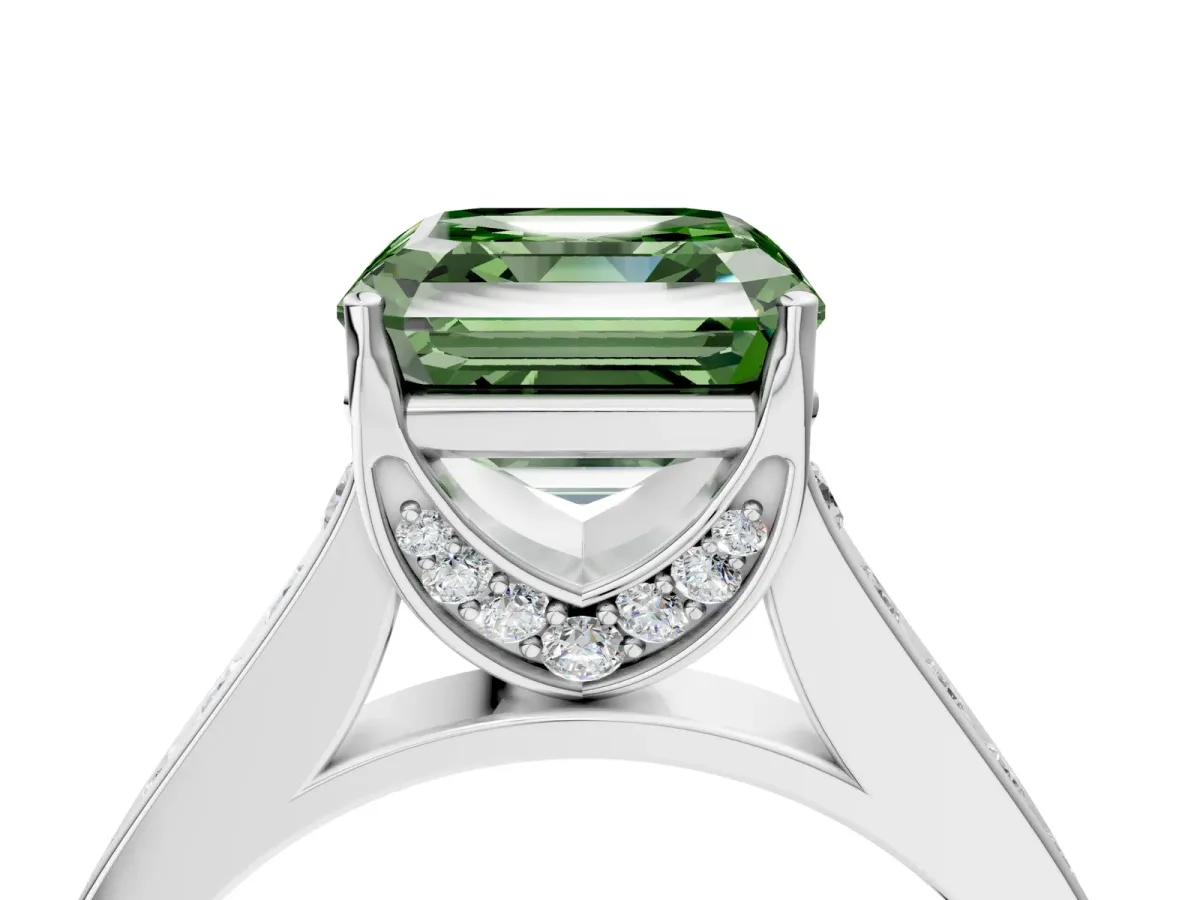 Fancy Green Asscher Cut Brilliant Cut Diamond Engagement Ring with Pavé Band and Four-Prong Setting Platinum