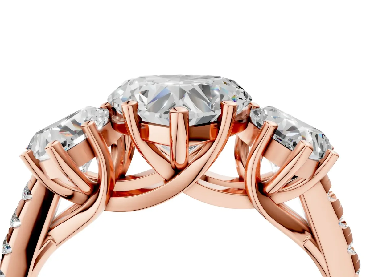 Three-Stone Heart Cut Diamond Ring with Round Moissanite Pavé Band and Prong Setting Rose gold