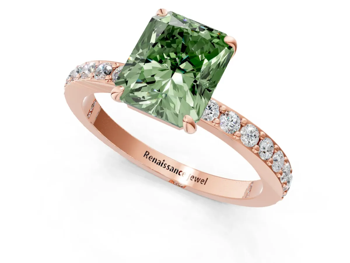 Fancy Green Radiant Cut Diamond Solitaire Engagement Ring with Pavé Band and Four-Prong Setting Rose gold