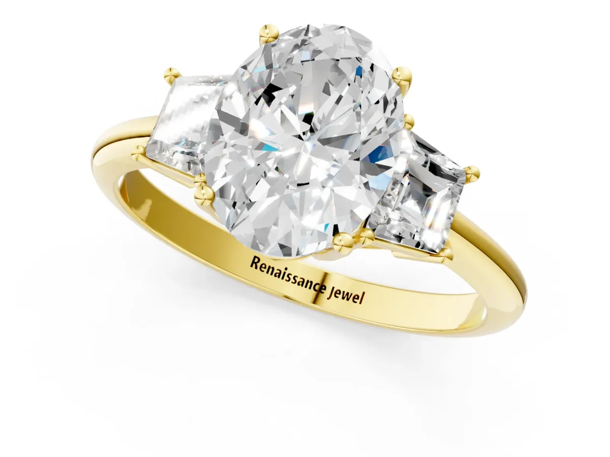 Oval Cut Diamond Three-Stone Ring with Trapezoid Side Stones and Prong Setting Yellow gold