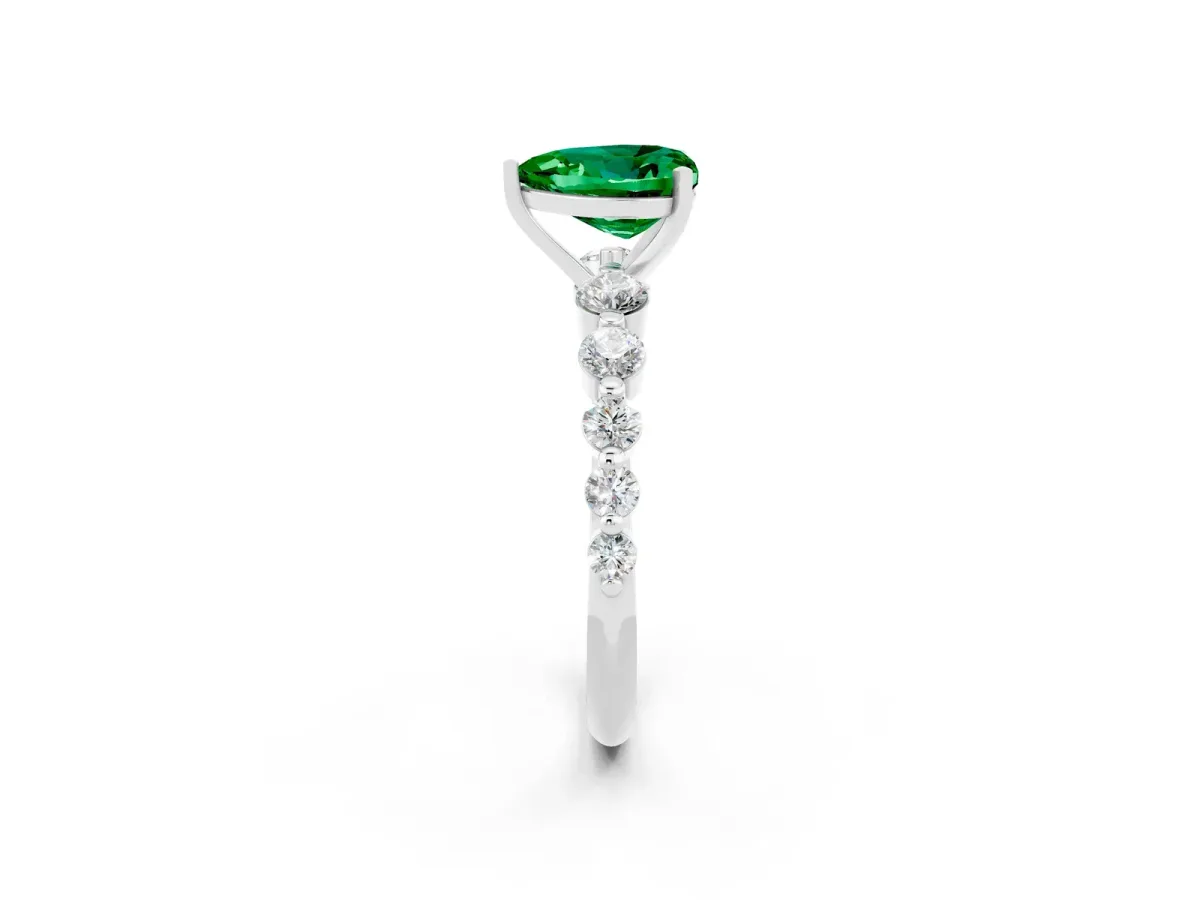 Heart Cut Solitaire Emerald Ring with Pave Band and Four-Prong Setting Silver