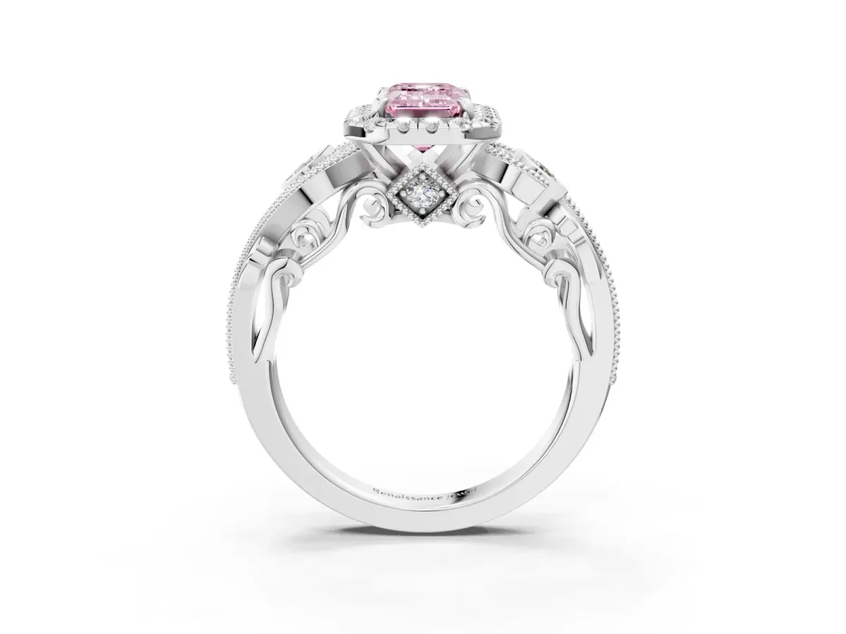 Fancy Pink Emerald Cut Diamond Halo Ring with Milgrain Pavé Band and Four-Prong Setting White gold