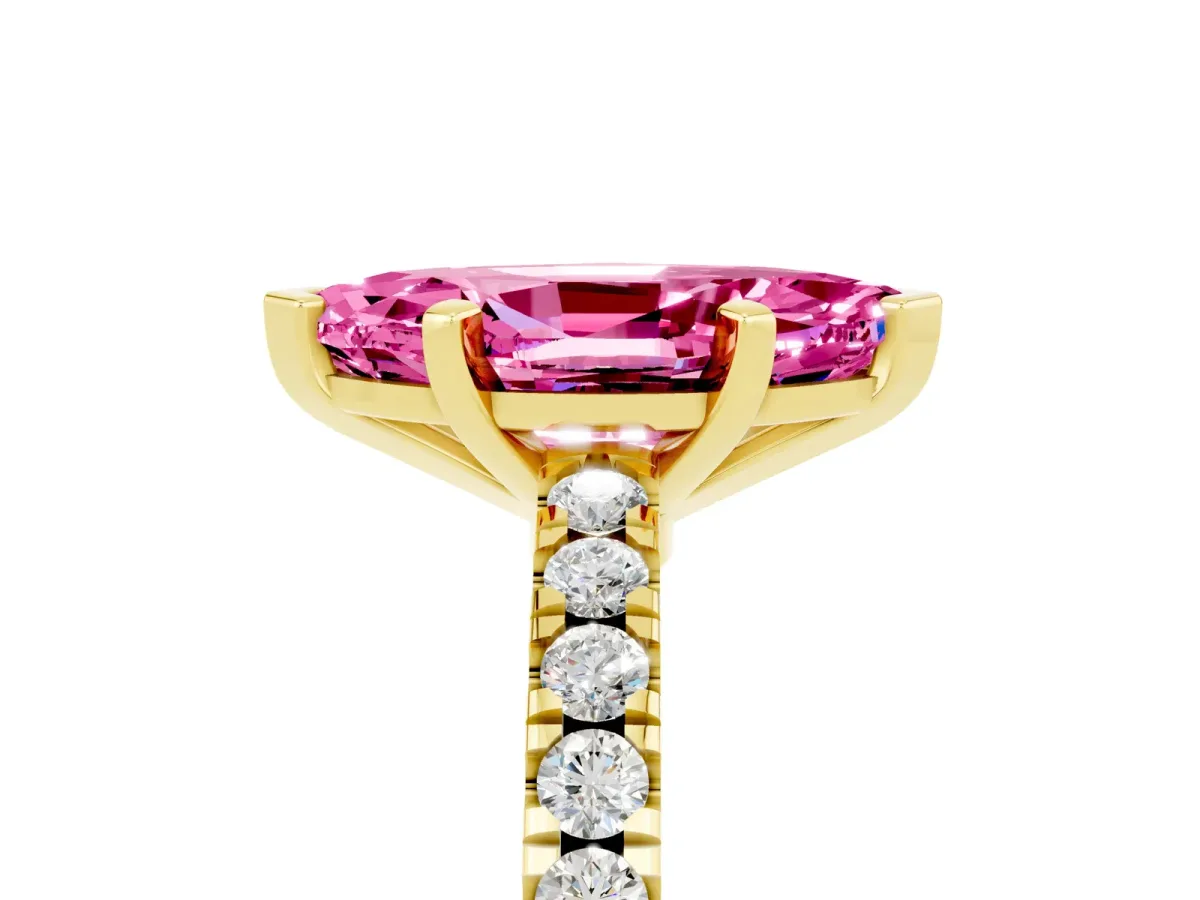 Marquise Cut Solitaire Pink Sapphire with Pavé Band and Four-Prong Setting Yellow gold