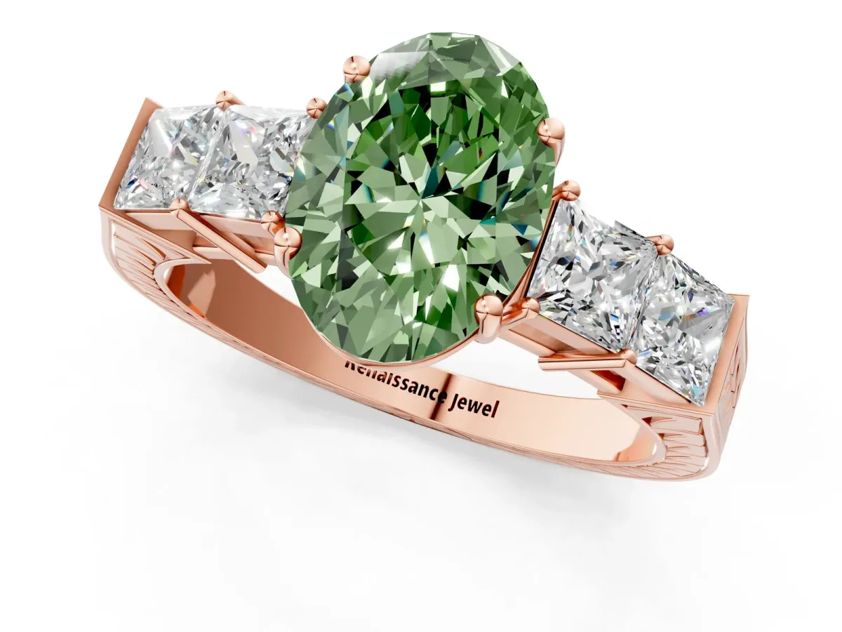 Fancy Green Oval Cut Solitaire Princess Side Stone Engraved Band Prong Setting Ring Rose gold