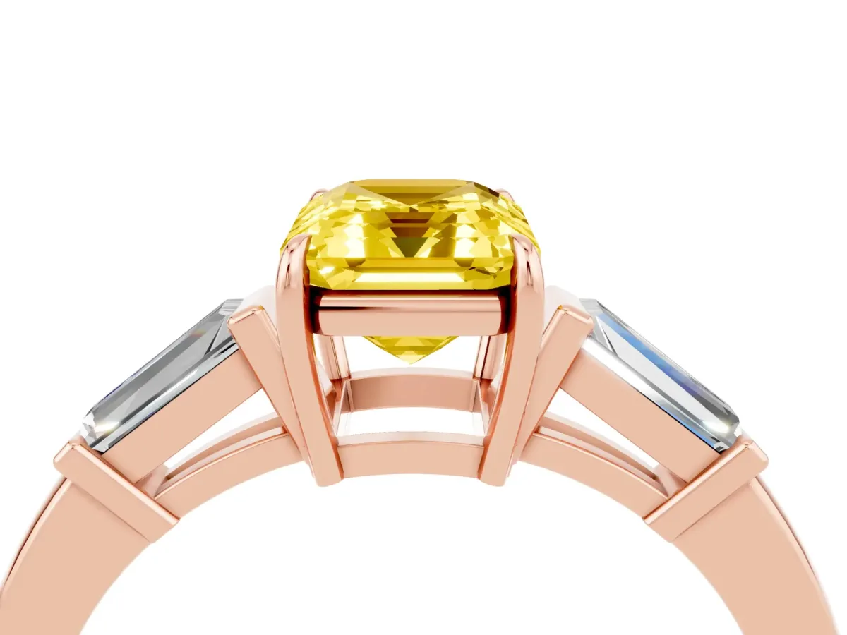 Emerald Cut Yellow Sapphire Three-Stone Ring with Tapered Baguette Side Stones and Prong Setting Rose gold