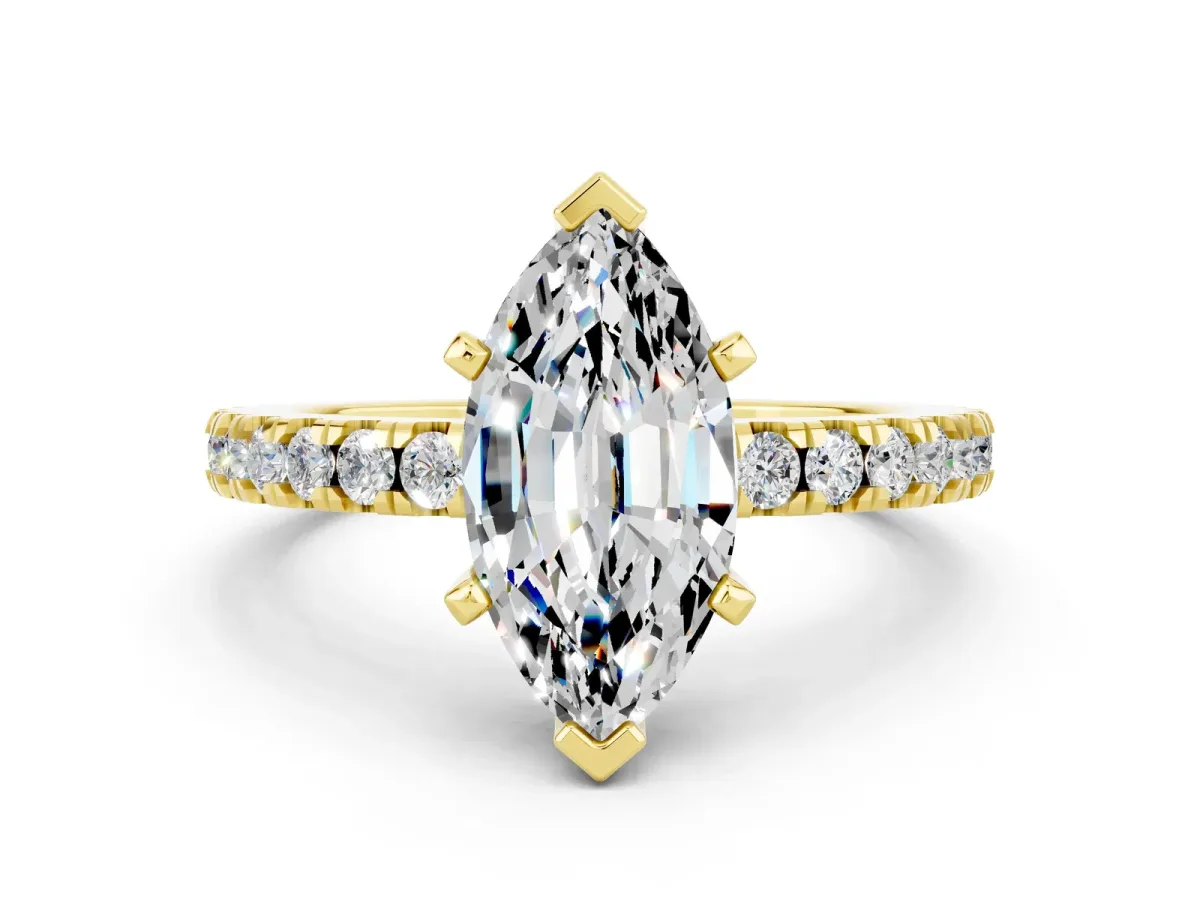 Marquise Cut Solitaire Moissanite with Pavé Band and Four-Prong Setting Yellow gold