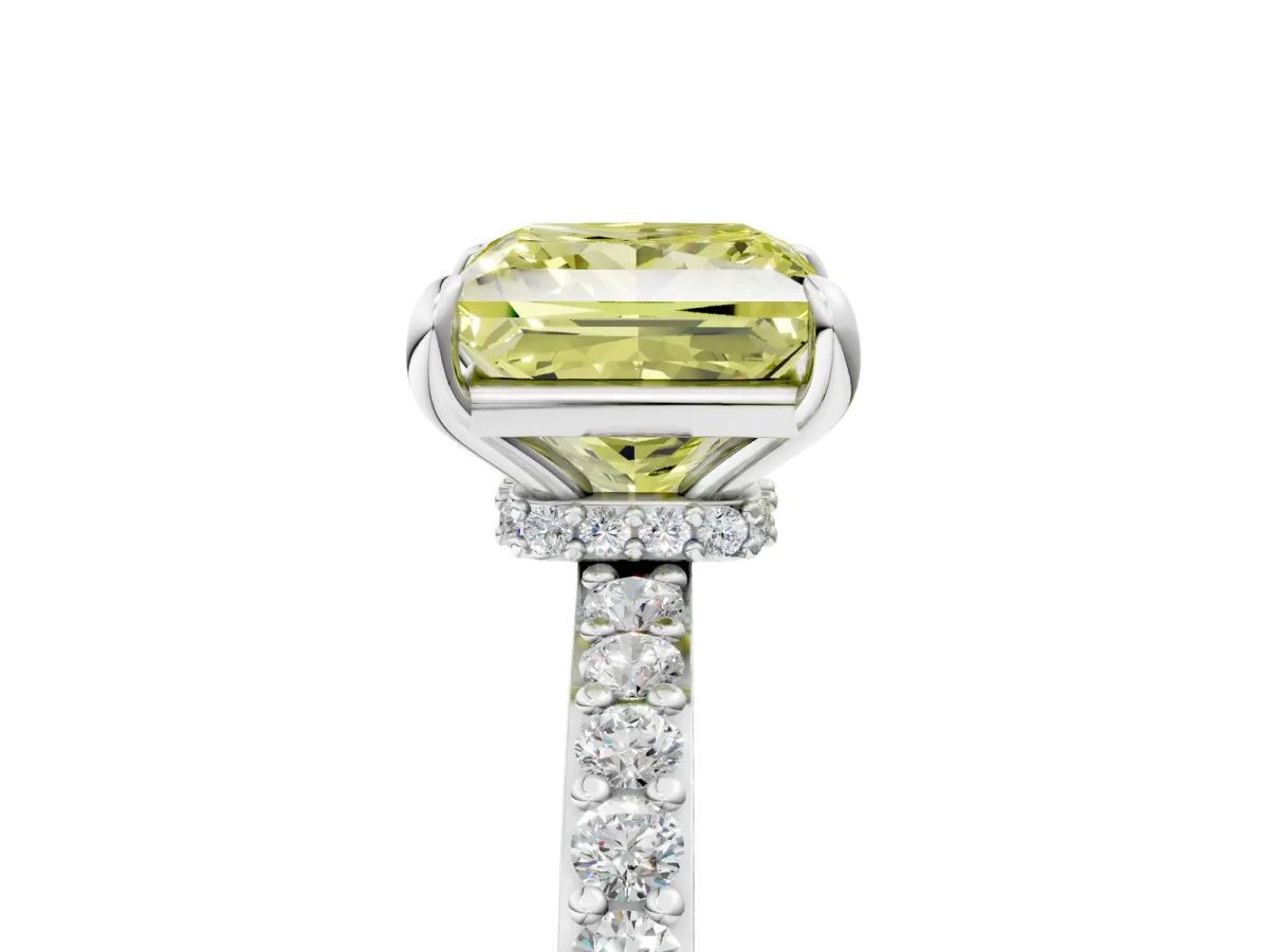 Fancy Yellow Princess Cut Diamond Solitaire Engagement Ring with Pavé Band and Four-Prong Setting White gold