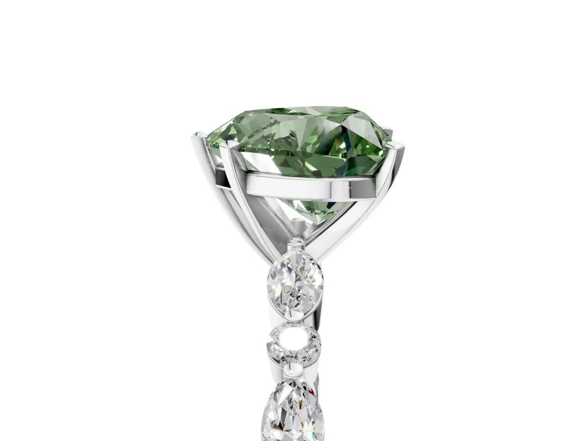 Fancy Green Heart Cut Diamond Ring with Marquise and Round Side Stones and Four-Prong Setting White gold
