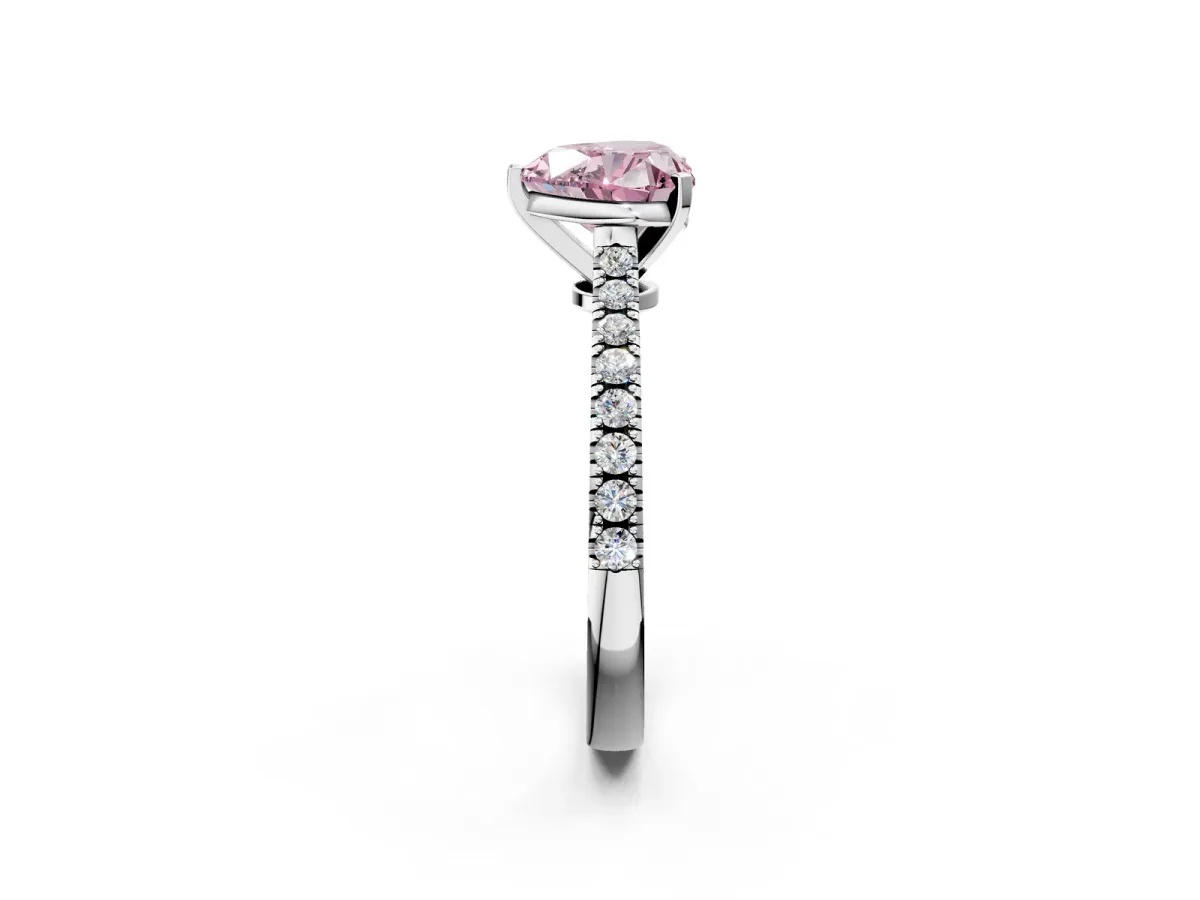 Fancy Pink Heart Cut Cut Solitaire Diamond Engagement Ring with Pave Band and Four-Prong Setting White gold