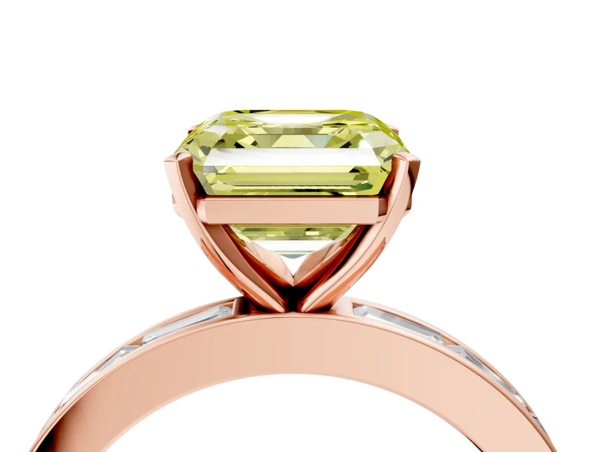 Fancy Yellow Asscher Cut Solitaire Diamond Ring with Channel-Set Baguette Band and Four-Prong Setting Rose gold