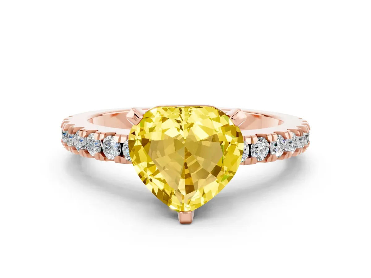 Heart Cut Solitaire Yellow Sapphire with Pavé Band and Four-Prong Setting Rose gold